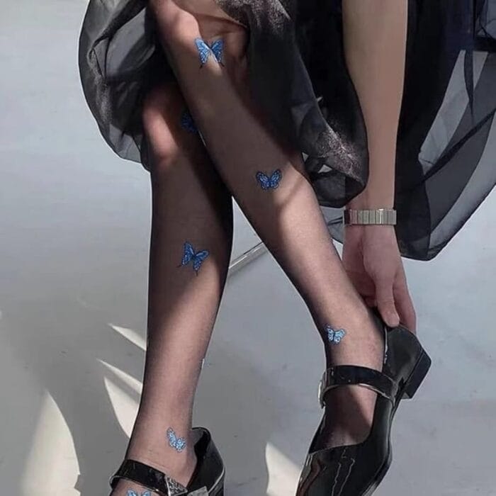 Medias panty negras antigancho con mariposa azul - Image 12
