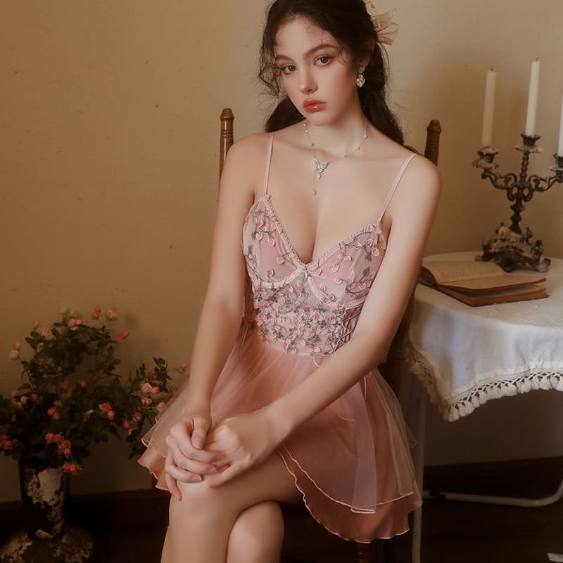 Conjunto Camisolín y Bata de Terciopelo Rose Velvet con Encaje Bordado C5240 - Image 4