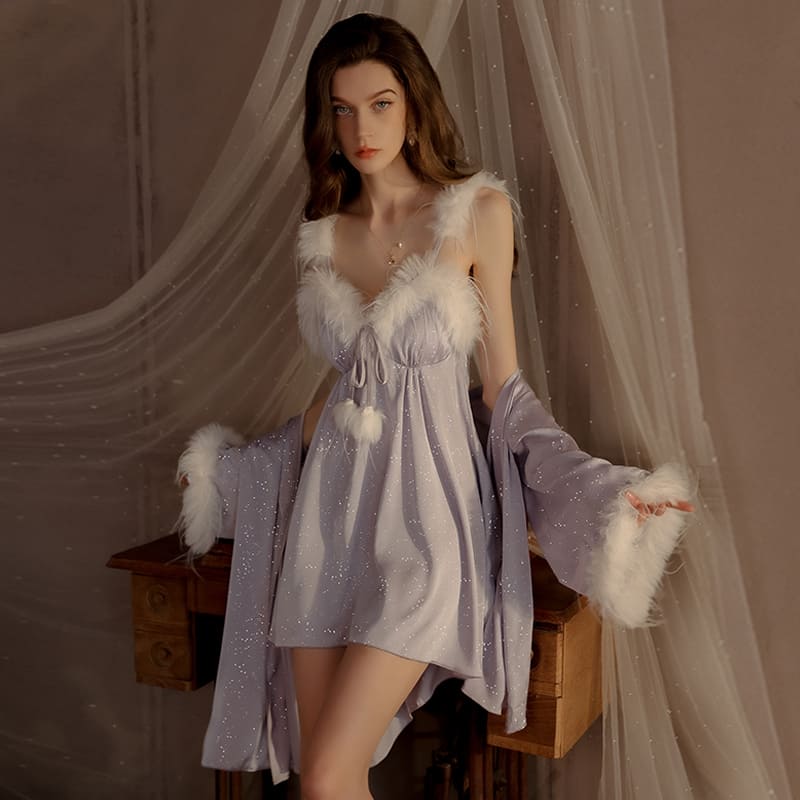 Conjunto Espléndido Camisolín y Bata Aurora Dream Brillos y Plumas 4419 - Image 4