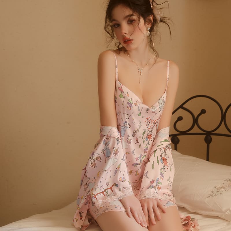 Set de Camisón y Bata de Satén Estampado Amelia 4947 - Image 5