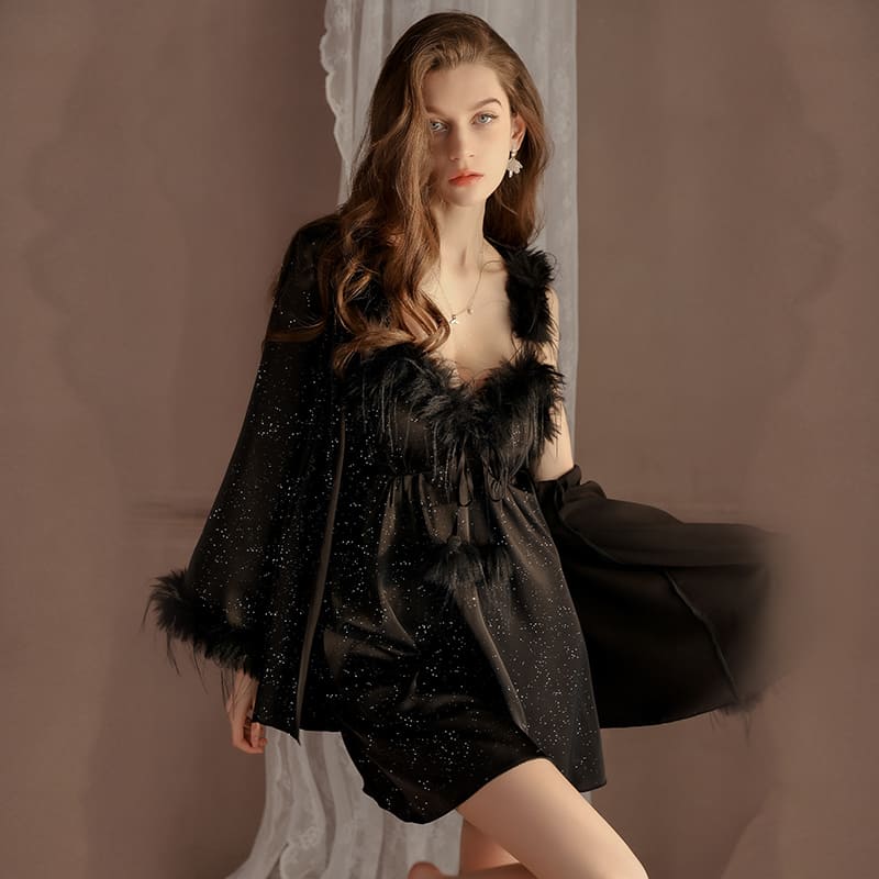 Conjunto Espléndido Camisolín y Bata Aurora Dream Brillos y Plumas 4419 - Image 44